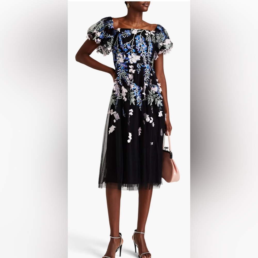 ✨️NWT Marchesa Notte Embroidered tulle midi dress black NWT 8✨️